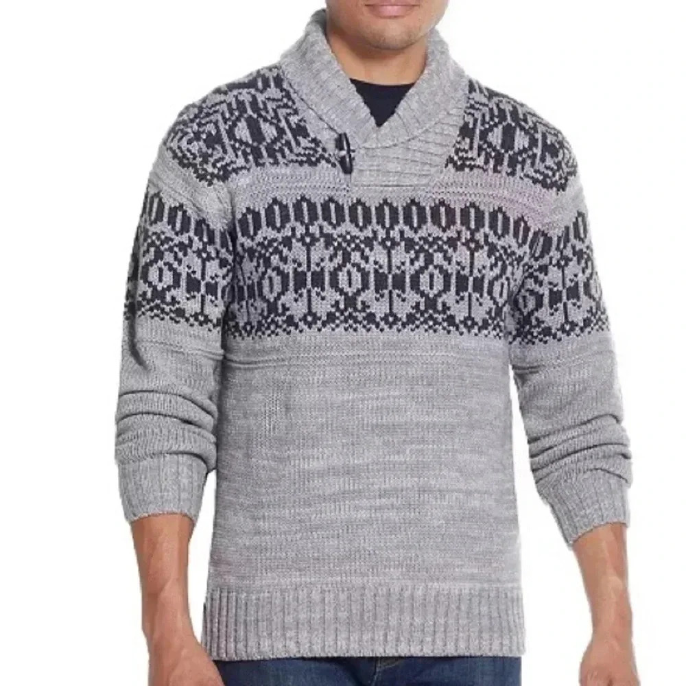 Weatherproof Vintage | Gray Shaw Collar Fair Isle Sweater